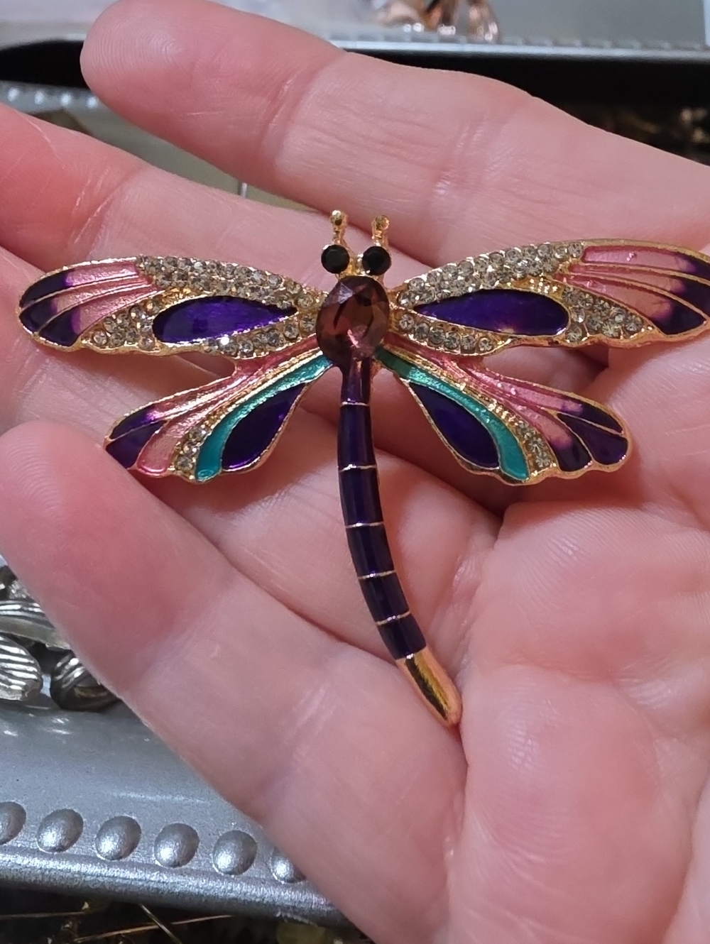 A20- Gold Dragonfly Brooch Pin in Purple, Pink and Teal